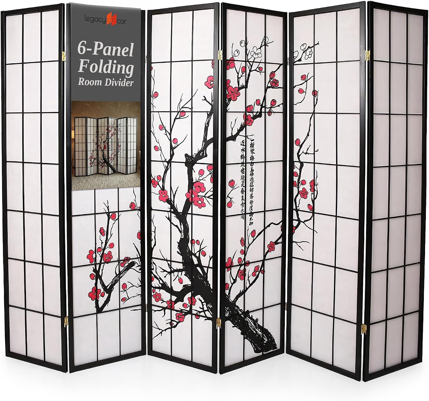 Shoji Screen Divider - 6-teiliger Raumteiler im Shoji-Stil, schwarz, 71