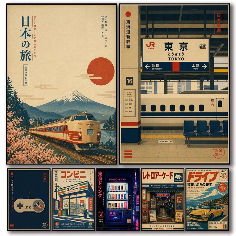 Japanese Traditional Lifestyle - Vintage Japanisches Traditionelles Spielhallen-Poster mit Bahnhofsmotiv