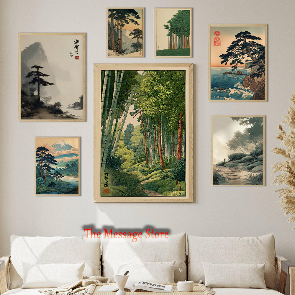 Japanese Traditional Lifestyle - Vintage Japanische Waldkiefern Bambus-Gemälde Asiatische Traditionelle
